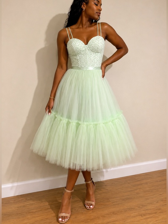 TIFFANYSLABEL Dresses & Skirts - HANDMADE TIFFANYSLABEL GREEN DRESS EMBROIDERED TEXTURE TOP | TULLE | M(6-8)